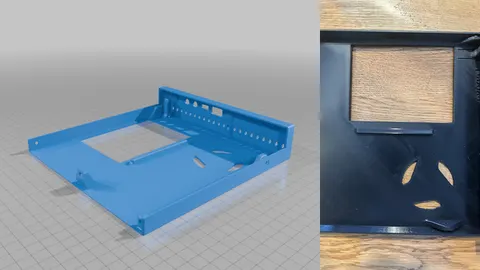 Render and photo of a 3D-printed open top cover for a Lenovo ThinkCentre M920q Tiny