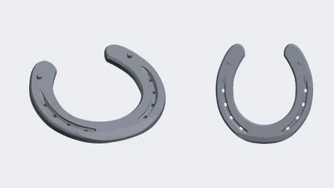 Two renders of a 3D-printed life-size horseshoe with nail holes, angled and face on