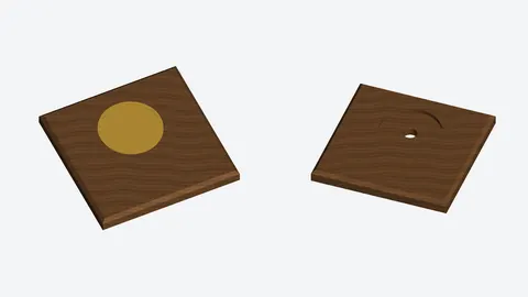 Render of a square wood-look coin display plaque with a coin in its round pocket, beside the empty plaque