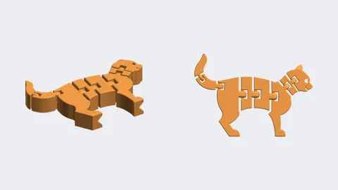 Renders of a 3D-printed flexi cat toy with jointed legs and tail