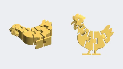 Renders of a 3D-printed flexi chicken toy with a jointed body
