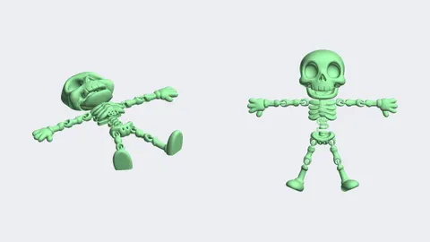 Renders of a 3D-printed articulated skeleton toy in glow-in-the-dark green