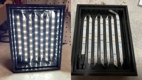 Photos of a lithophane light box frame, lit from inside by LED strips