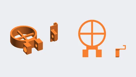 Renders of a 3D-printed orange toy scope with a mounting rail for X-Shot blasters